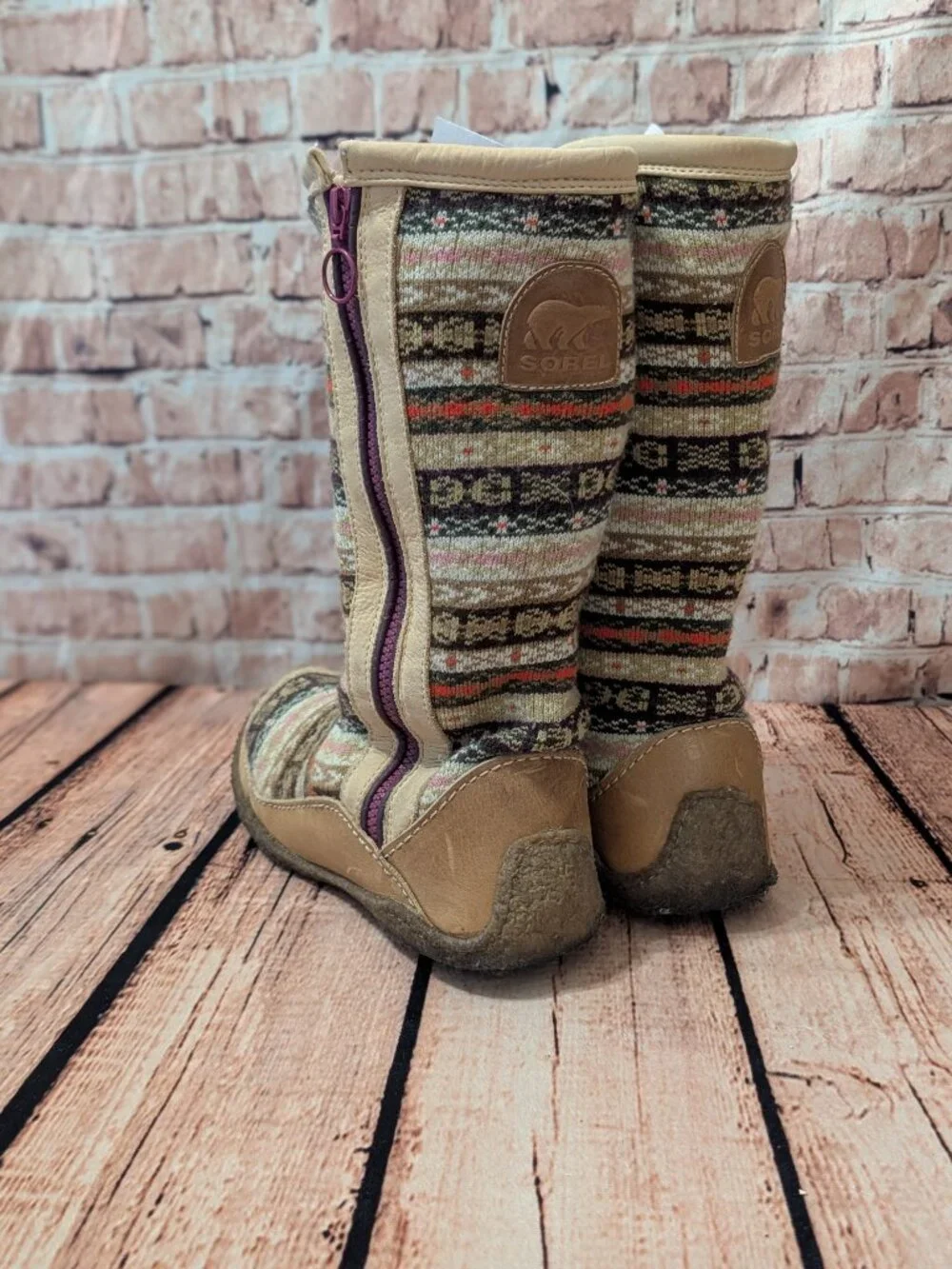 Sorel Norquay Patterned Tan Knit Mid-Calf Sweater Boots with Side Zip Size 8